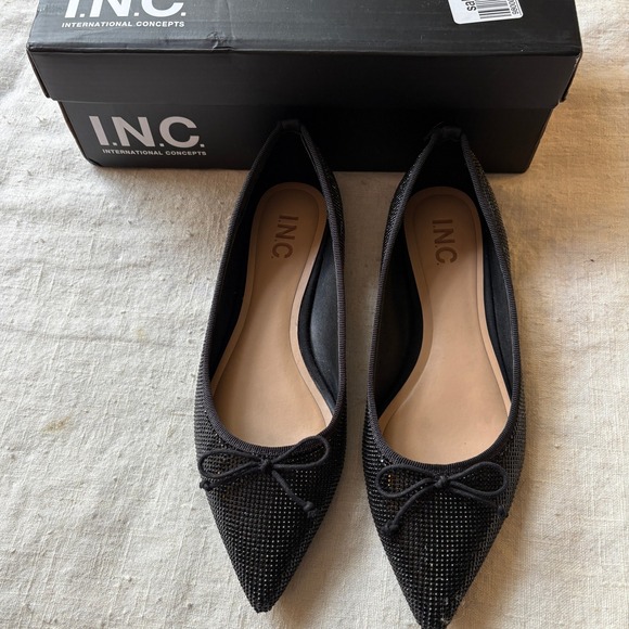 INC International Concepts Shoes - INC International Concepts Black Rhinestone Pointed Toe Bow Flats - Size 7.5